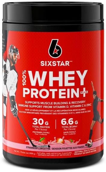 Six Star Whey Protein Powder Plus - Ultimate Muscle Building Formula with Whey Protein Isolate & Peptides - 30g of Protein & 6.6g of BCAA - Strawberry Smoothie Flavor, 20...
