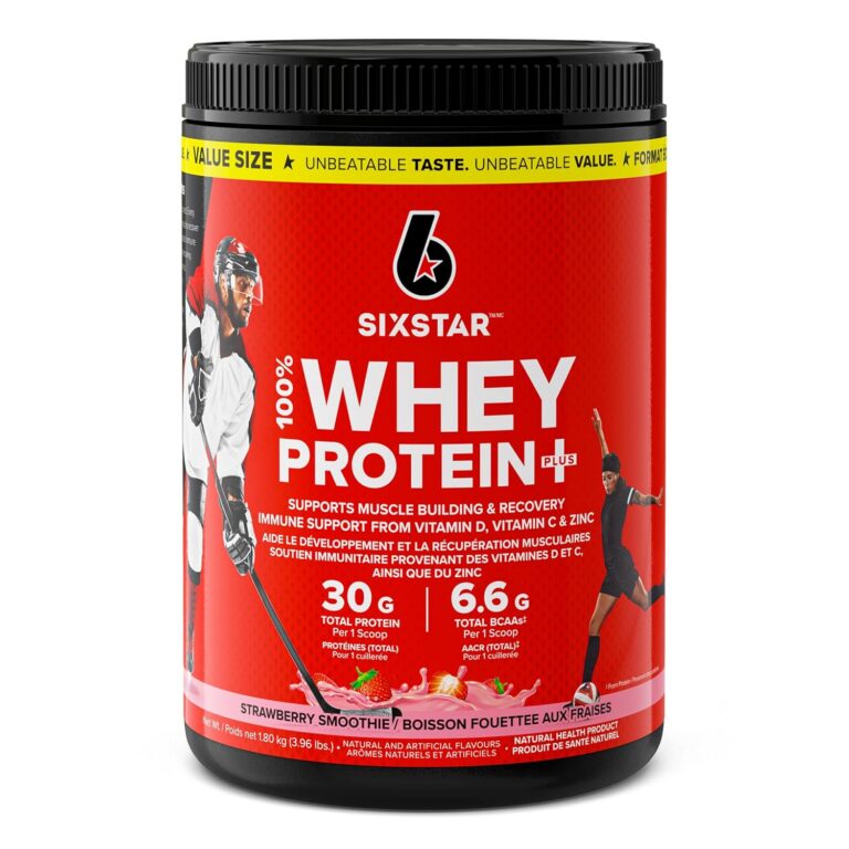 Six Star Whey Protein Powder Plus - Ultimate Muscle Building Formula with Whey Protein Isolate & Peptides - 30g of Protein & 6.6g of BCAA - Strawberry Smoothie Flavor, 39...