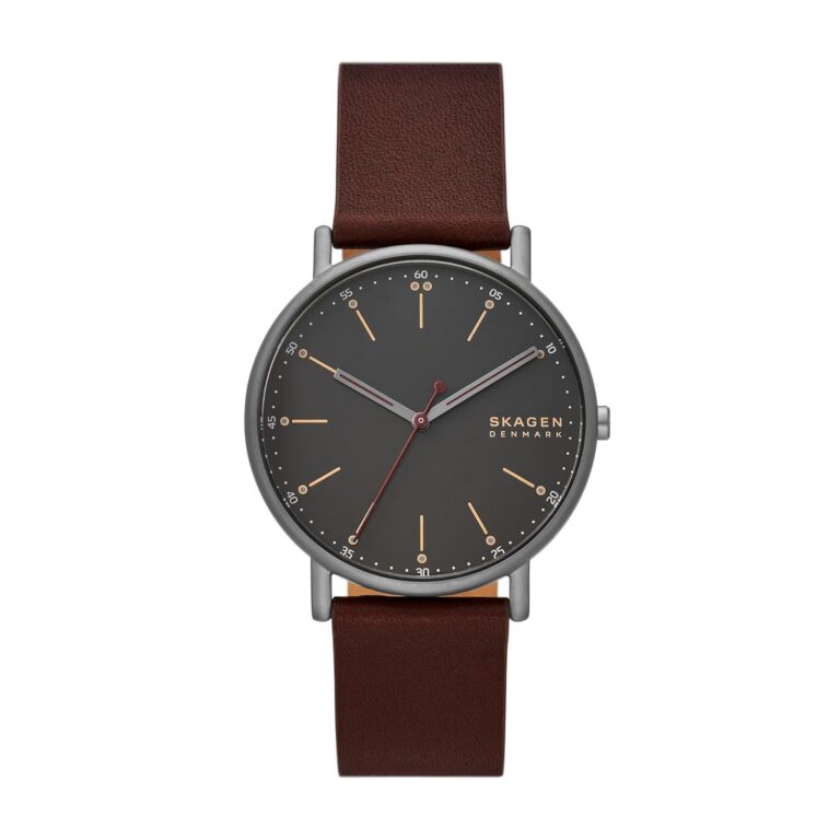 Skagen Men's Signatur Three-Hand Gray Stainless Steel and Cherry Wood Brown Leather Band Watch (Model: SKW6578)