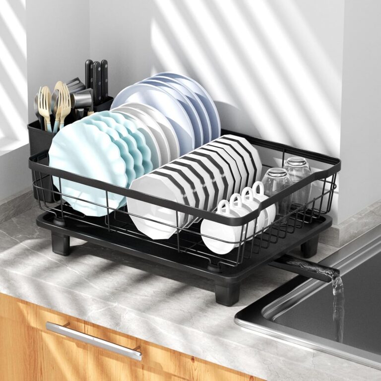 Small Dish Drying Rack, Space Saving Dish Racks for Kitchen Counter, Kitchen Organizer Dish Drainer with Cutlery Holder for Spoons and Forks, Black