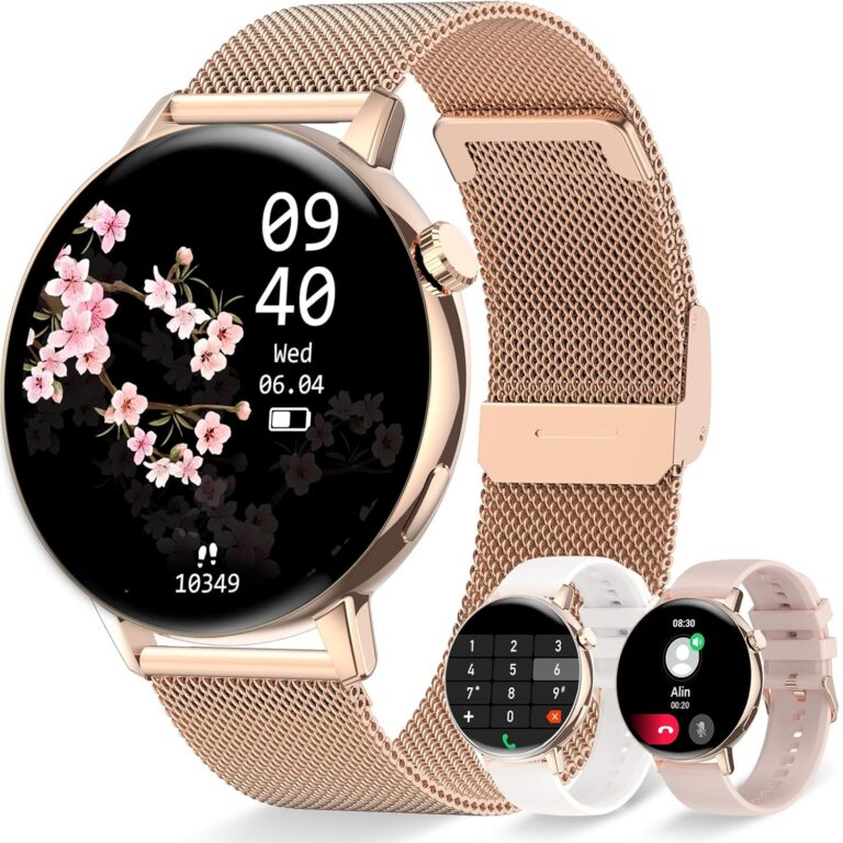 Smart Watch for Women Dial/Answer Call 1.32" Fitness Tracker with Pedometer Heart Rate Sleep Monitor DIY Dial 3 Bands Smartwatch for Android iOS Rose Gold