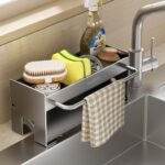 Sponge Holder for Kitchen Sink Organizer, Kitchen Sink Caddy Storage with Dishrag Dishcloth Holder Rack,Rustproof Carbon Steel Dish Sponge with Auto Draining