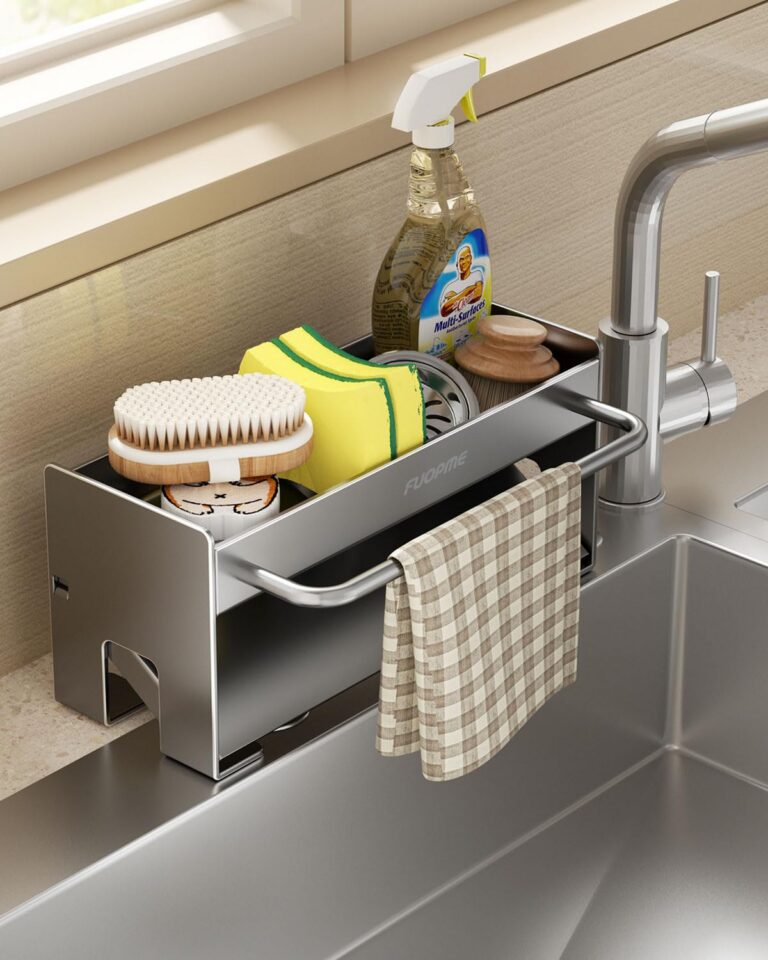 Sponge Holder for Kitchen Sink Organizer, Kitchen Sink Caddy Storage with Dishrag Dishcloth Holder Rack,Rustproof Carbon Steel Dish Sponge with Auto Draining