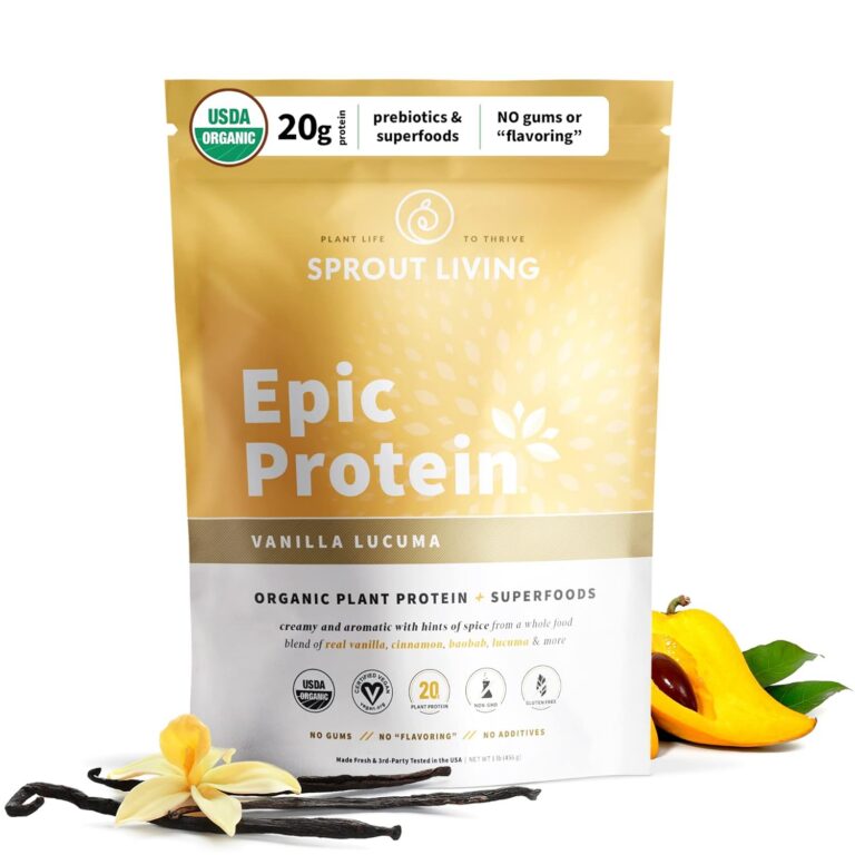 Sprout Living Epic Protein Powder, Vanilla Lucuma Flavor, Organic Plant Protein, Gluten Free, No Additives, 19 Grams Clean Vegan Protein (1 pound,13 servings)