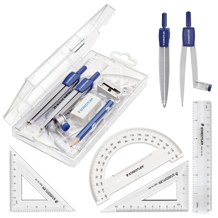 STAEDTLER School Kit Math Geometry Set - 10-Piece Compass, Protractor & Ruler Kit with Flip Open Storage Box - Clear Measuring Tools - Student Drawing Supplies