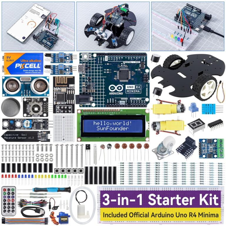 SunFounder 3-in-1 Super Starter Kit with Original Arduino Uno R4 Minima, IoT&Smart Car Projects, ESP8266 WiFi, Battery, 50+ Step-by-Step Tutorials for Beginners to Engineers,...