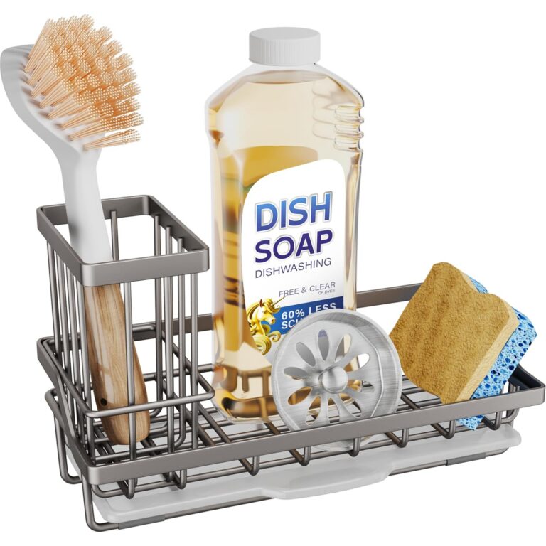 SWTYMIKI Sink Caddy Sponge Holder - Kitchen Sink Organizer with High Brush Holder for Countertop by The Sink Holding Dish Soaps and Sponges, Stainless Steel, Sand Nickel