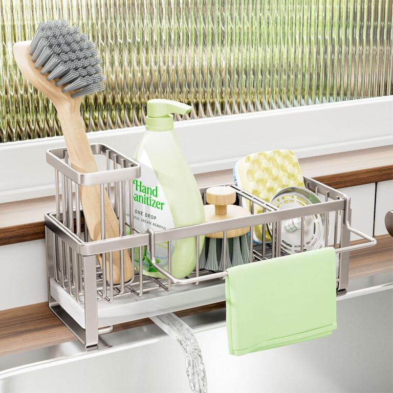 SWTYMIKI Sponge Holder for Kitchen Sink - Sink Caddy with Brush Holder Self-draining Sponge Caddy Organizer with Divider Stainless Steel Kitchen Accessories Storage for...