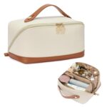 Telena Makeup Bag Large Capacity Travel Cosmetic Bag Portable PU Leather Waterproof Makeup Organizer Bags for Women with Handle and Divider Open Flat Beige with Brown