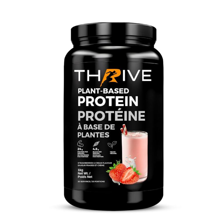 Thrive Plant-Based Protein Powder - Strawberries & Cream, Canadian-Made, Vegan, 4.8g BCAAs, Sugar-Free, Nothing Artificial, 1kg (30 Servings)
