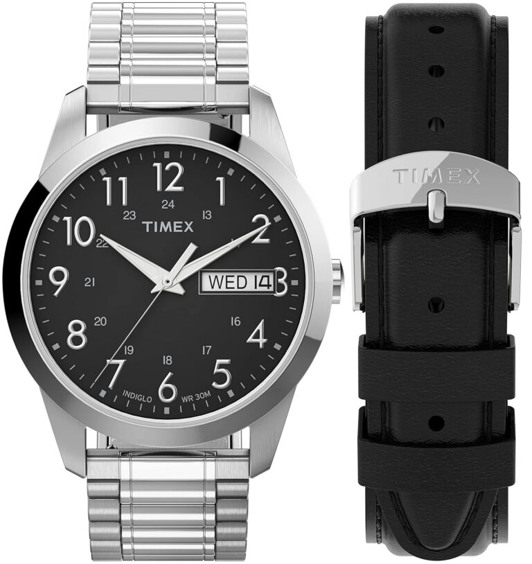 Timex Mens Box Set Stainless Steel Expansion Band Watch Extra Black Strap (Model: TWG027900NG)