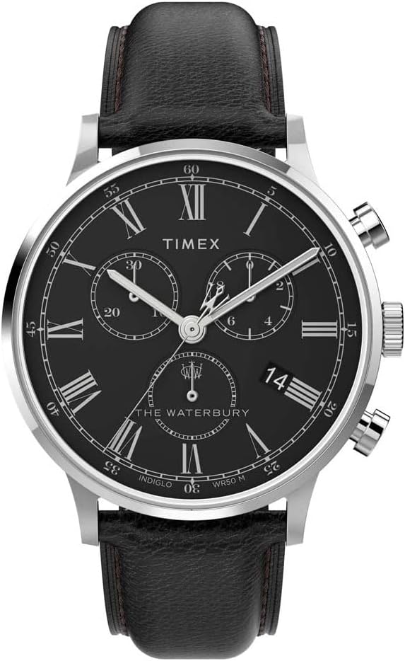 Timex Waterbury Classic Chronograph Black Leather Strap Watch (Model: TW2U88300VQ)