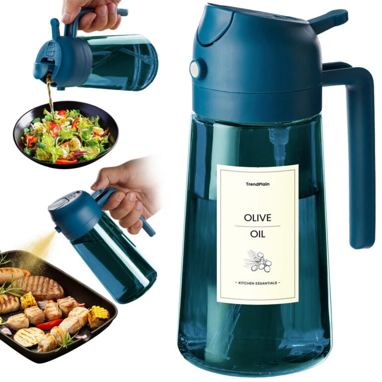 TrendPlain 16oz/470ml Blue Glass Olive Oil Sprayer for Cooking - 2 in 1 Olive Oil Dispenser for Kitchen Gadgets, Air Fryer, Salad, and BBQ - Navy