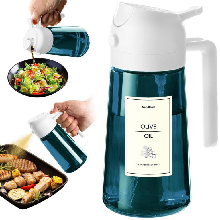 TrendPlain 16oz/470ml Blue Glass Olive Oil Sprayer for Cooking - 2 in 1 Olive Oil Dispenser for Kitchen Gadgets, Air Fryer, Salad, and BBQ - White