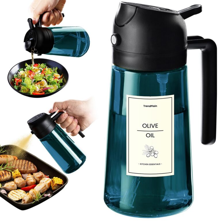 TrendPlain 16oz/470ml Blue Glass Olive Oil Sprayer for Cooking - 2 in 1 Olive Oil Dispenser for Kitchen Gadgets, Air Fryer, Salad, and BBQ - Black