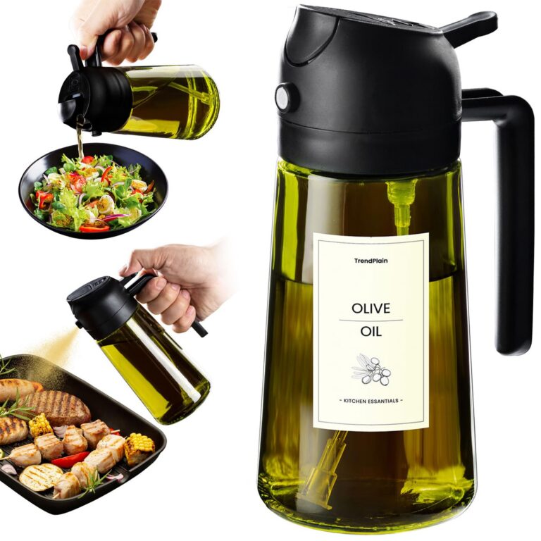 TrendPlain 470ml Olive Oil Dispenser Bottle for Kitchen Gadgets - 2 in 1 Dispenser and Sprayer - Olive Oil Spray Bottle w/Stickers (Light Blockage) - BPA Free - Black