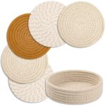Trivets for Hot Dishes, Trivets for Hot Pots and Pans, Cotton Coasters 5 Pcs and Storage Basket 1 Pack, Pot Holders for Kitchen, Hot Pads for Table, Hot Mats Protect Countertops...