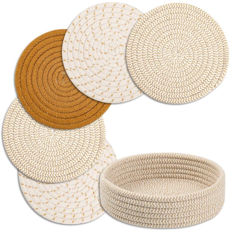Trivets for Hot Dishes, Trivets for Hot Pots and Pans, Cotton Coasters 5 Pcs and Storage Basket 1 Pack, Pot Holders for Kitchen, Hot Pads for Table, Hot Mats Protect Countertops...