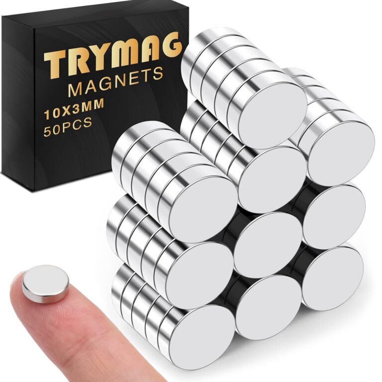 TRYMAG Small 10x3mm 50Pcs Rare Earth Magnets, 50Pcs Tiny Round Fridge Magnets for Whiteboard, Refrigerator, DIY, Kitchen, Office