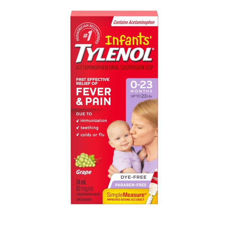 Tylenol Infant Fever, Teething and Pain Reliever for Baby, Grape Suspension Medicine, Dye Free, 24ML