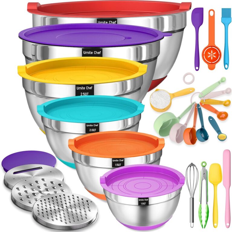 Umite Chef Mixing Bowls with Airtight Lids, 26Pcs Stainless Steel Bowls Set, 3 Grater Attachments & Colorful Non-Slip Bottoms Size 7, 4, 2.5, 2.0,1.5, 1QT, Great for Mixing &...