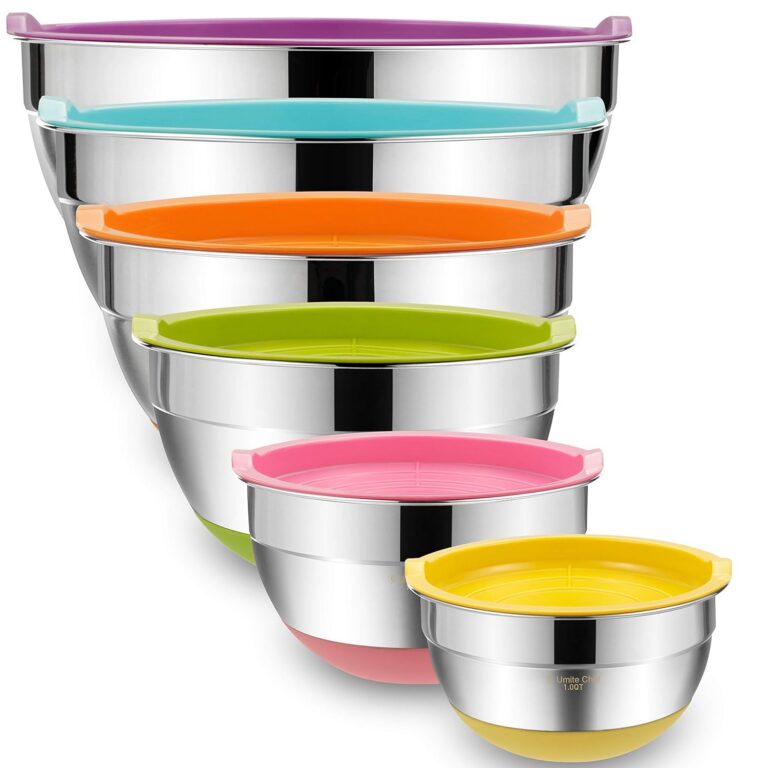 Umite Chef Mixing Bowls with Airtight Lids, 6 Piece Stainless Steel Metal Bowls, Measurement Marks & Colorful Non-Slip Bottoms Size 7, 3.5, 2.5, 2.0,1.5, 1QT, Great for Mixing &...