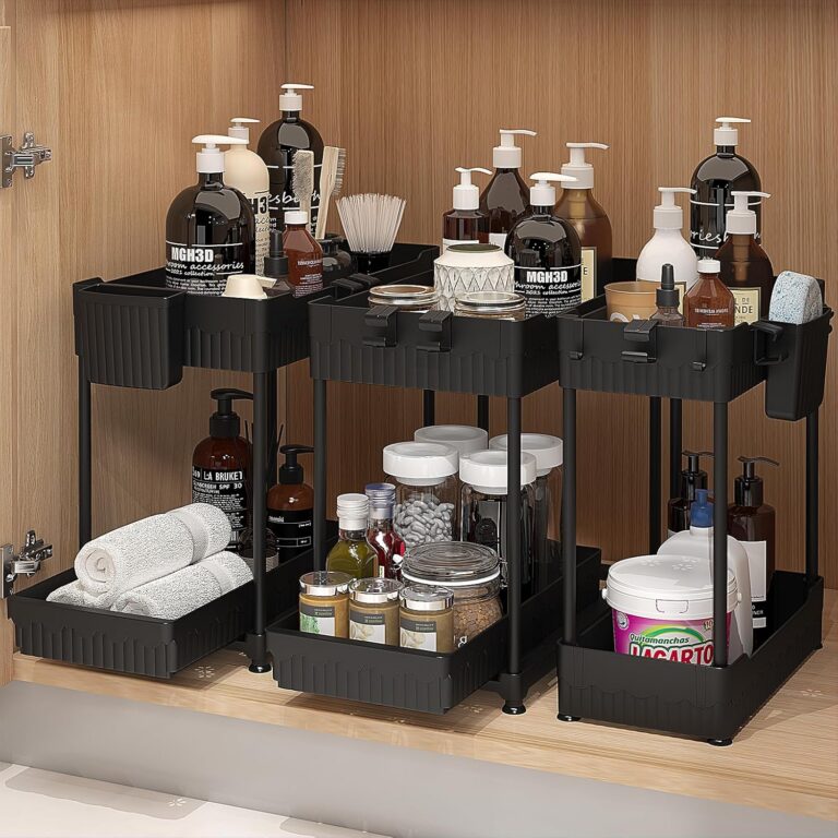 Under Sink Organizer 3 Pack, Bathroom Organizers, 2 Tier Multi-Use kitchen Organizers and Storage with Sliding Drawer, Hang Hooks and Cups, (Black)