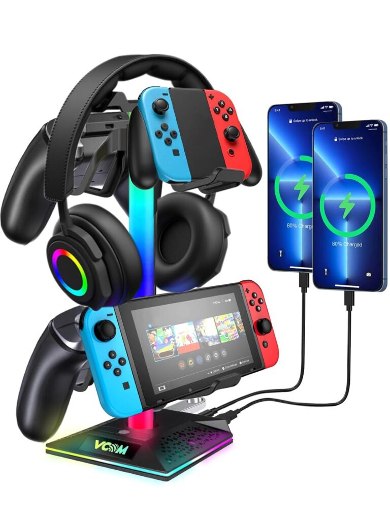 VCOM RGB Gaming Headphones Stand with 2 USB and 1 Type-C Ports, Headset Stand with 10 Light Modes and Non-Slip Rubber,Suitable for All Earphone Accessories, Best Gift for Desk...