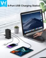 VHBW USB Charging Station for Multiple Devices, 6-Port 50W Desktop Power Centre with 1.8m Cord - Multi-Device Charger for Phones, Tablets & Electronics (Black)