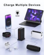 VHBW USB Charging Station for Multiple Devices, 6-Port 50W Desktop Power Centre with 1.8m Cord - Multi-Device Charger for Phones, Tablets & Electronics (Black)