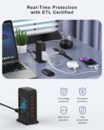 VHBW USB Charging Station for Multiple Devices, 6-Port 50W Desktop Power Centre with 1.8m Cord - Multi-Device Charger for Phones, Tablets & Electronics (Black)