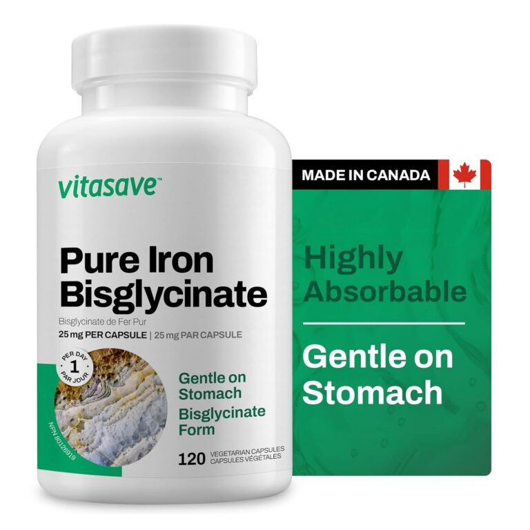 Vitasave Iron Bisglycinate – High Absorption Iron Supplement for Energy, Anemia & Immune Support – Gentle on Stomach – Vegan, Non-GMO, Gluten-Free – 120 Capsules (Made in Canada)