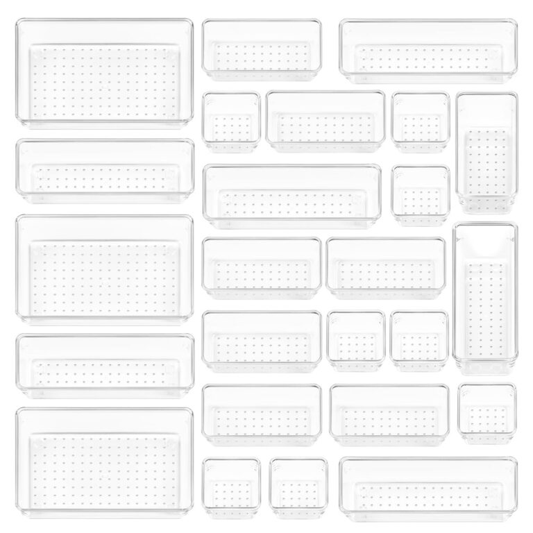 Vtopmart 25 PCS Plastic Clear Drawer Organizer, Acrylic Desk Drawer organizers, Organization and Storage for Makeup, Bathroom, Office, kitchen, Bedroom
