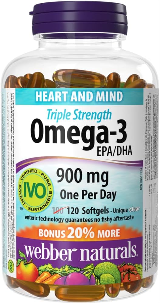 Webber Naturals Omega-3 900 mg Triple Strength, 120 Clear Enteric No Fishy Aftertaste Softgels, Supports Cardiovascular Health and Brain Function