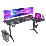 Wisfor L Shaped Gaming Desk with LED Lights: 63" Large Corner PC Computer Game Table Carbon Fiber Desktop Study Work Desks with Cable Management Box Headphone Hook and Cup...