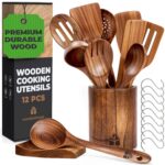Wooden Spoons for Cooking – Wooden Cooking Utensils Set with Holder, Spoon Rest & Hooks, Teak Wood Nonstick Kitchen Cookware – Kitchen Utensil Set of 12pcs by Woodenhouse