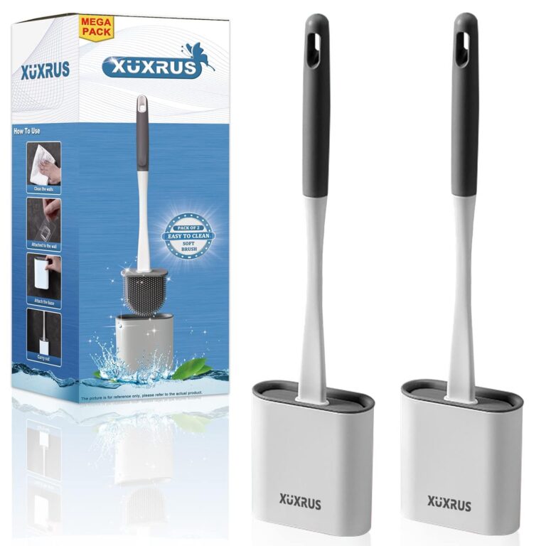 XUXRUS Silicone Toilet Brush with Quick Drying Holder Set -2Pack, Bathroom Toilet Brush with No-Slip Silicone Handle & Anti-drip Holder (Flooring/Wall Mounted) -White