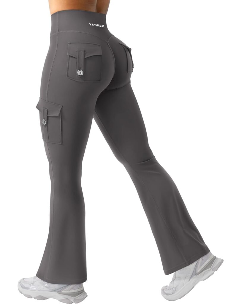 YEOREO CoreFlex Women Workout Flare Leggings with Pockets Hidden Scrunch High Waisted Cargo Gym Yoga No Front Seam Leggings