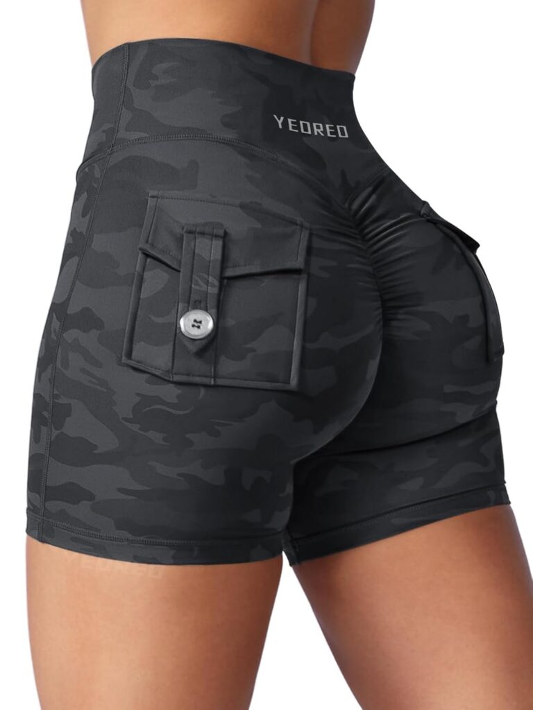 YEOREO Scrunch Workout Shorts with Pockets Charm Gym Biker Shorts for Women High Waisted Yoga Booty