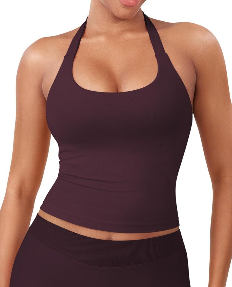 YEOREO SoftHue Women's Impact Halter Tank Top Longline Backless Scoop Neck Built-in Bra Sports Workout Gym Crop Top