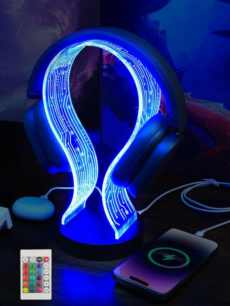 YuanDian RGB Headphone Stand with 1 USB Charging Port and 1 Type-C Charging Ports, Desk Gaming Headset Holder with 16 Changing Colors by Remote, Gift for Gamers Men and Music...