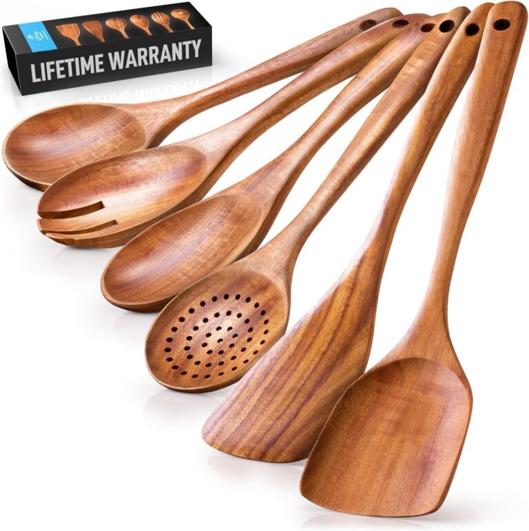 Zulay Kitchen 6-Piece Wooden Spoons for Cooking - Smooth Finish Teak Wooden Utensils for Cooking - Soft Comfortable Grip Wood Spoons for Cooking - Non-Stick Wooden Cooking...