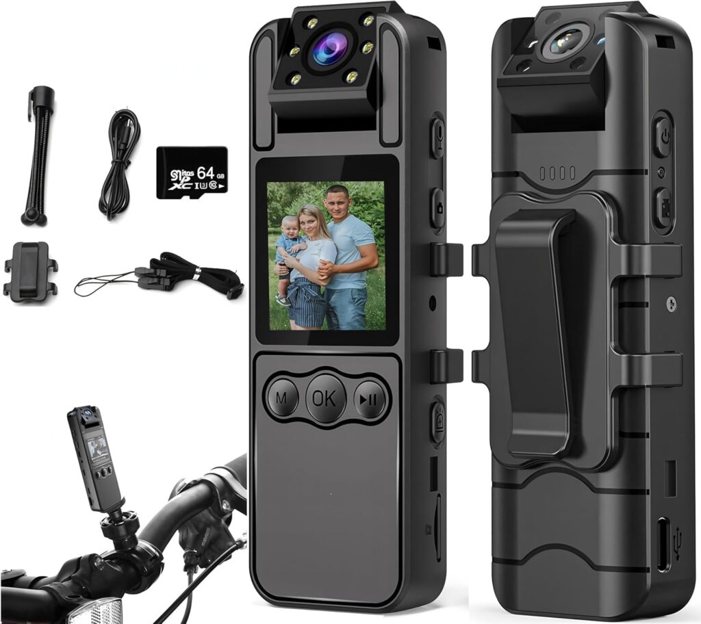 1080P Body Cameras with Audio and Video Recording| 180° Rotating Lens | 6-8HR Battery | Night Vision | 64GB SD Card | 1.3" LCD | Portable Security Cam for Police, Law...