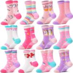 12 Pairs Baby Girls Toddlers Grips Socks Kids Anti Slip/Non Skid Funny Animal Cartoon Crew Cotton Breathable Socks