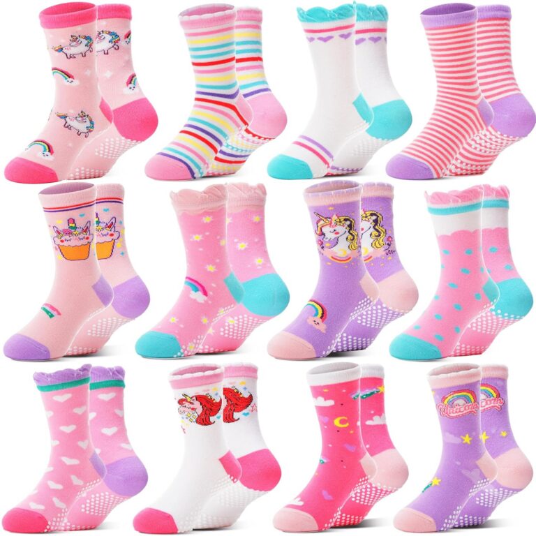 12 Pairs Baby Girls Toddlers Grips Socks Kids Anti Slip/Non Skid Funny Animal Cartoon Crew Cotton Breathable Socks