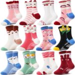 12 Pairs Baby Girls Toddlers Grips Socks Kids Anti Slip/Non Skid Funny Animal Cartoon Crew Cotton Breathable Socks