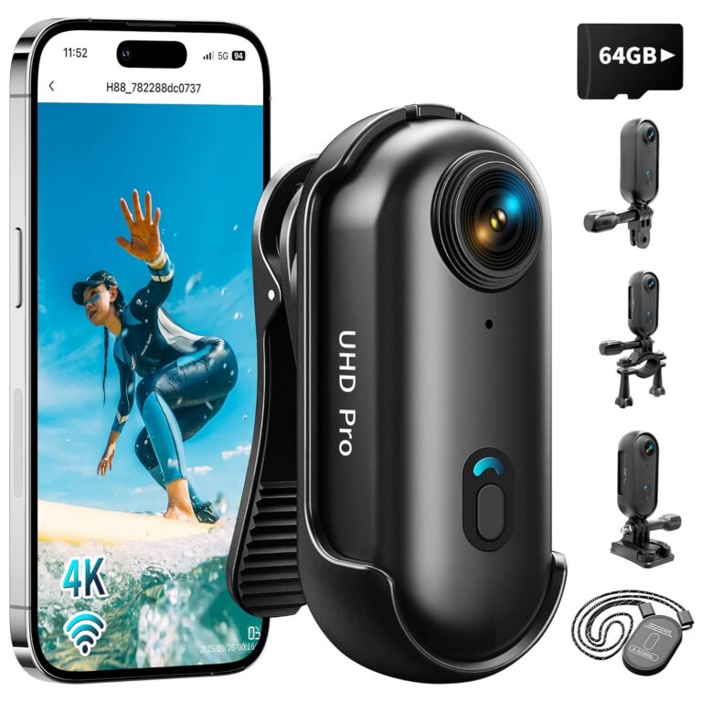 4K Action Camera, 64GB Wearable Sports Camera with Waterproof Case, Magnetic Clip, and Quick-Mount Accessories, Small Body Cam for Cycling, Diving, Travel, and Outdoor...