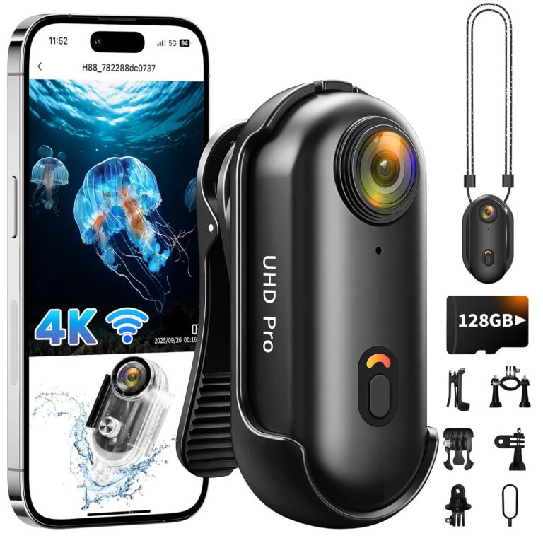 Action Camera 4K (128GB), 2026 Refresh POV Camera Hands-Free, Mini Body Camera WiFi with Waterproof Case, Wearable Sports Snap Cam, Thumb Helmet Cam for Horse Riding Motorcycle...