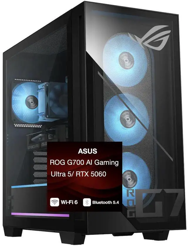 ASUS ROG G700 AI Gaming Desktop PC (Intel Ultra 5 225F, NVIDIA GeForce RTX 5060 8GB GDDR7, 16GB DDR5, 1TB PCIe SSD, RGB Fans, 600W PSU, WiFi 6,