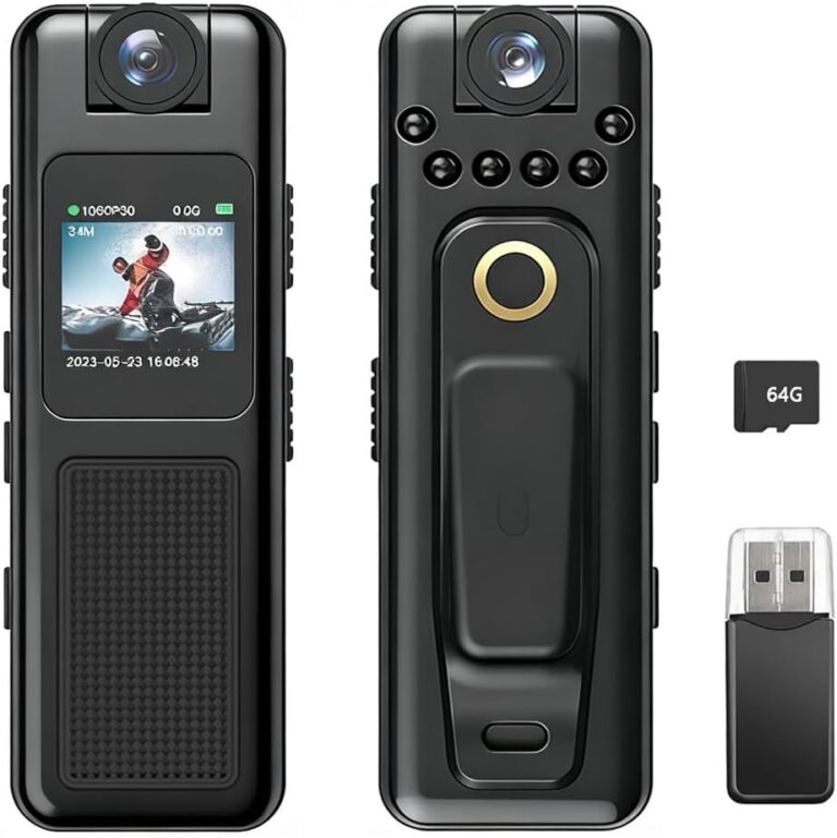 Body Cameras with Audio and Video Recording 1080P HD Video Voice Recorder, Body Cam with 64GB TF Card,Lens Rotation 180°, Night Vision, Magnetic Suction and Clamp, 0.85-inch...